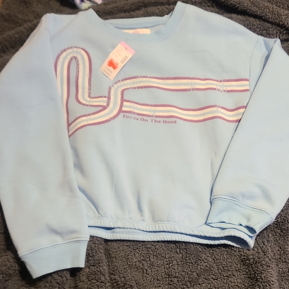 Light Blue Sweatshirt with Pink and White Design